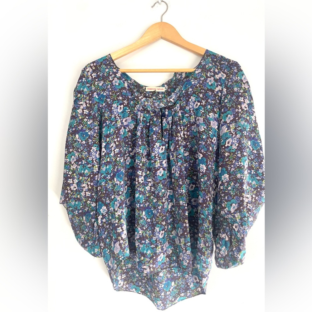 Rebecca Taylor Silk Floral Peasant Cuffed Sleeve top blouse